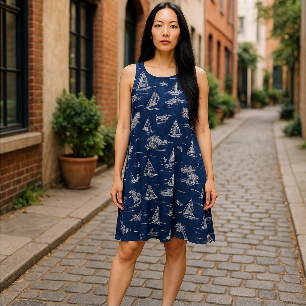CYNTHIA ROWLEY Linen Coastal Print A-Line Dress | Size Small | 100% Linen